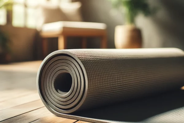 A rolled up yoga mat in a serene setting