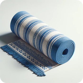 rolled-up blue and white cotton yoga mat