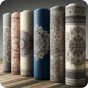 several rolled-up yoga mats with intricate patterns